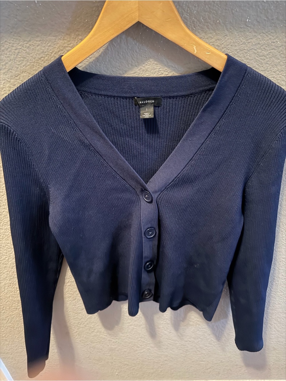 HALOGEN rib knit Navy V-Neck Button Front Women's cardigan ballercore size s